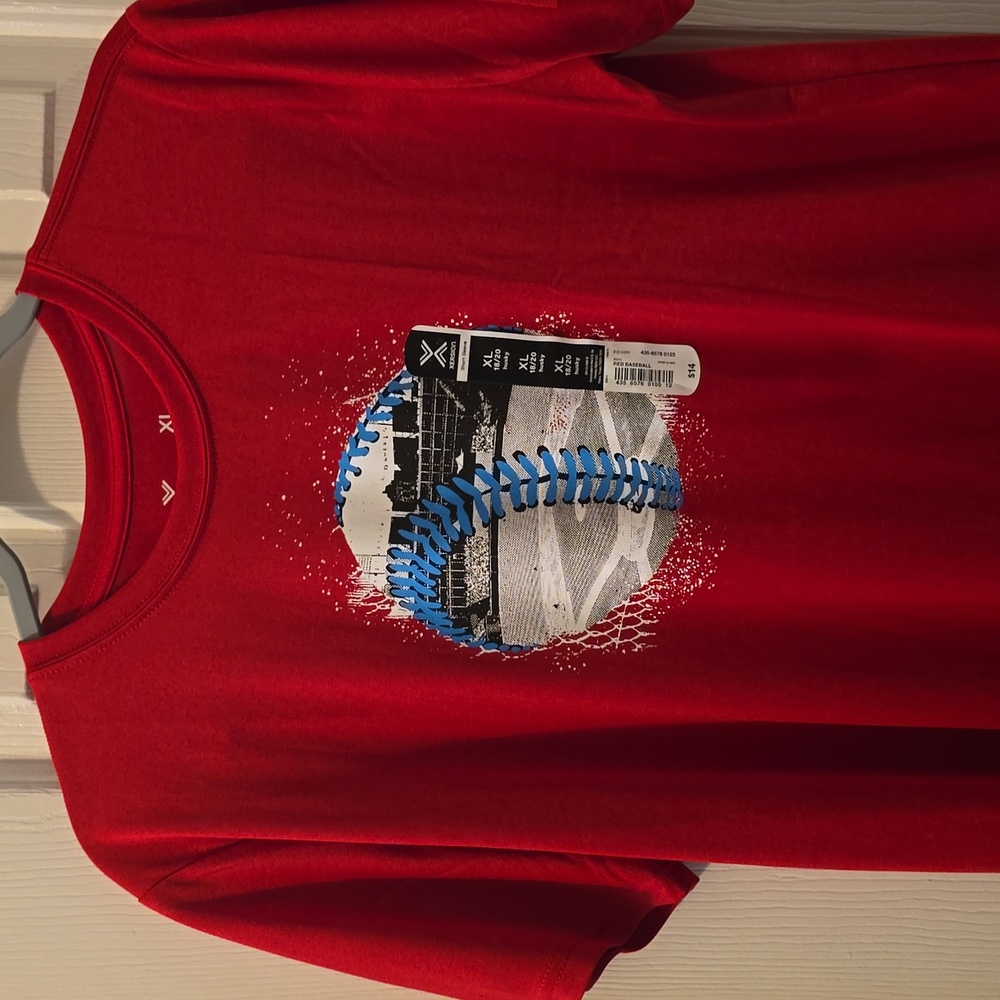XERSION BRAND BOYS RED BASEBALL SHORT SLEEVE TEE-SHIRT SIZE XL 18/20 HUS…